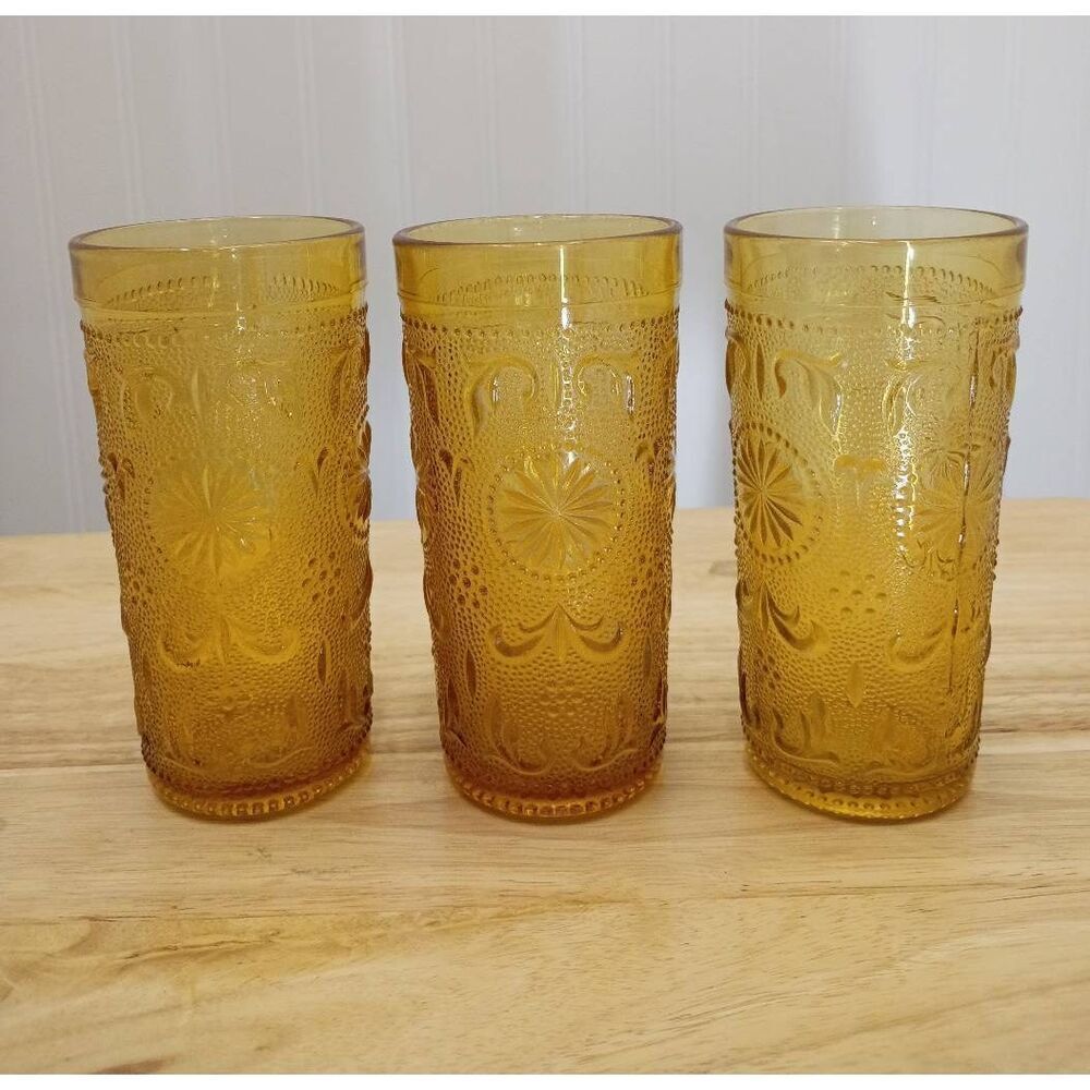 Vintage textured yellow drinking glasses, set of three